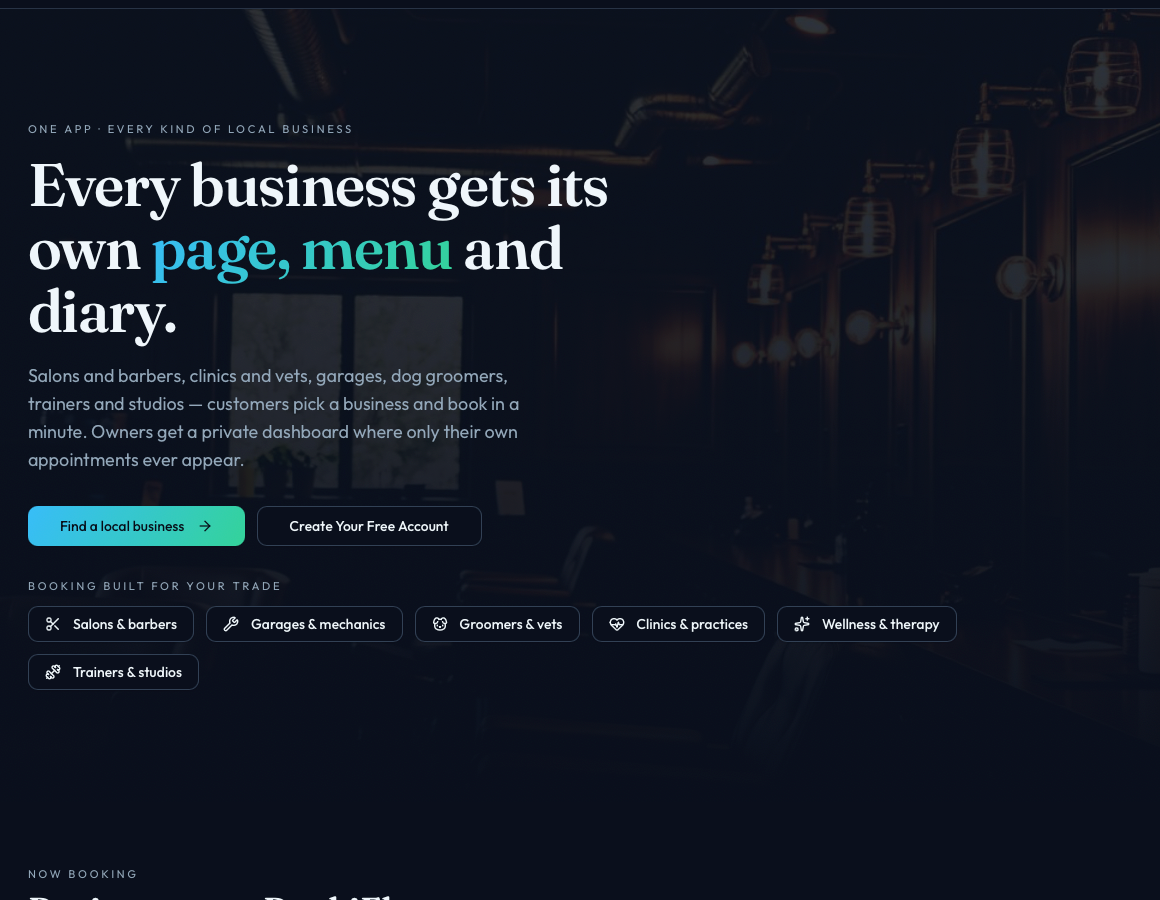 BookiFlow public homepage: Every business gets its own page, menu and diary