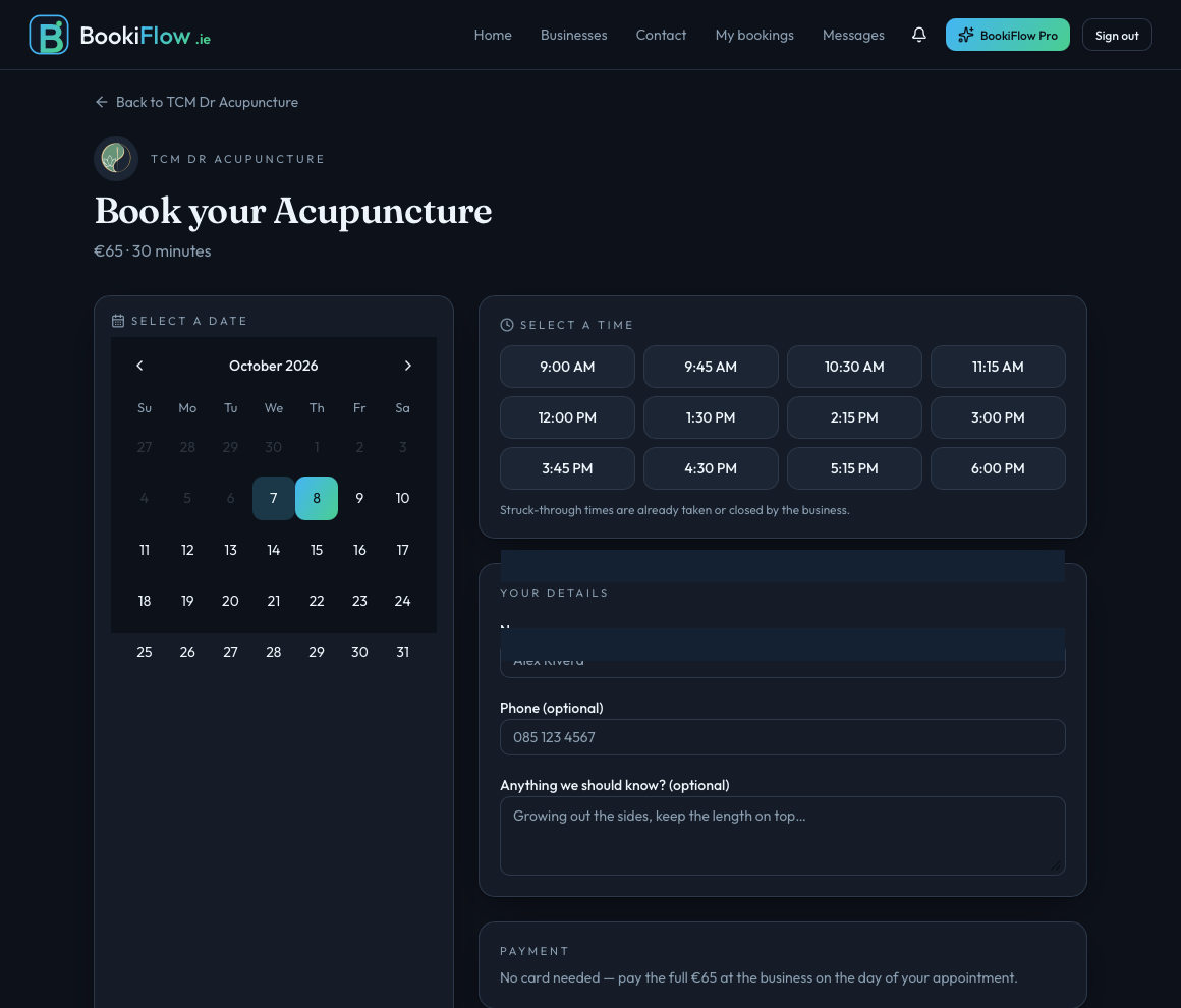 BookiFlow customer booking page with date, time, details and payment steps