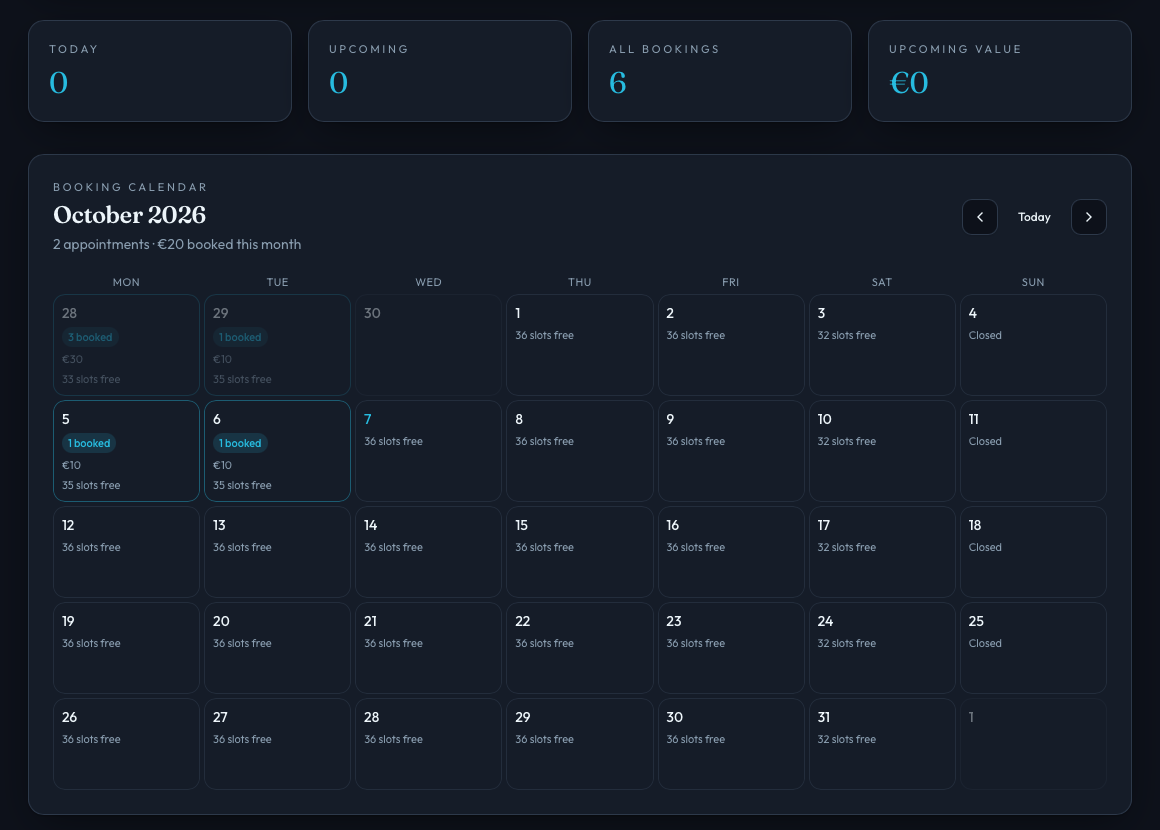 BookiFlow business dashboard with summary cards and October booking calendar