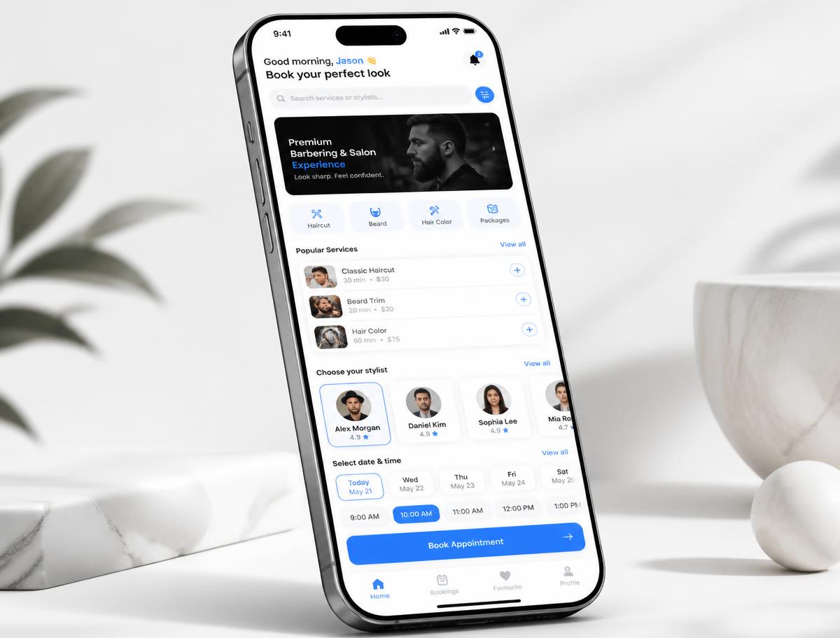 StyleChairTime mobile booking app showing services, stylists and appointment times